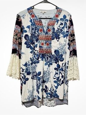 John Mark garden party Blue Floral Embroidered Crochet-Sleeve Tunic size medium